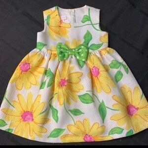 Girls Floral Sunflower Party Dress with Green Bow